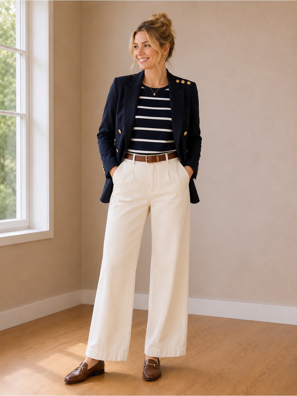 J. Crew Navy and White Striped Long-Sleeve Top with Gold Shoulder Buttons